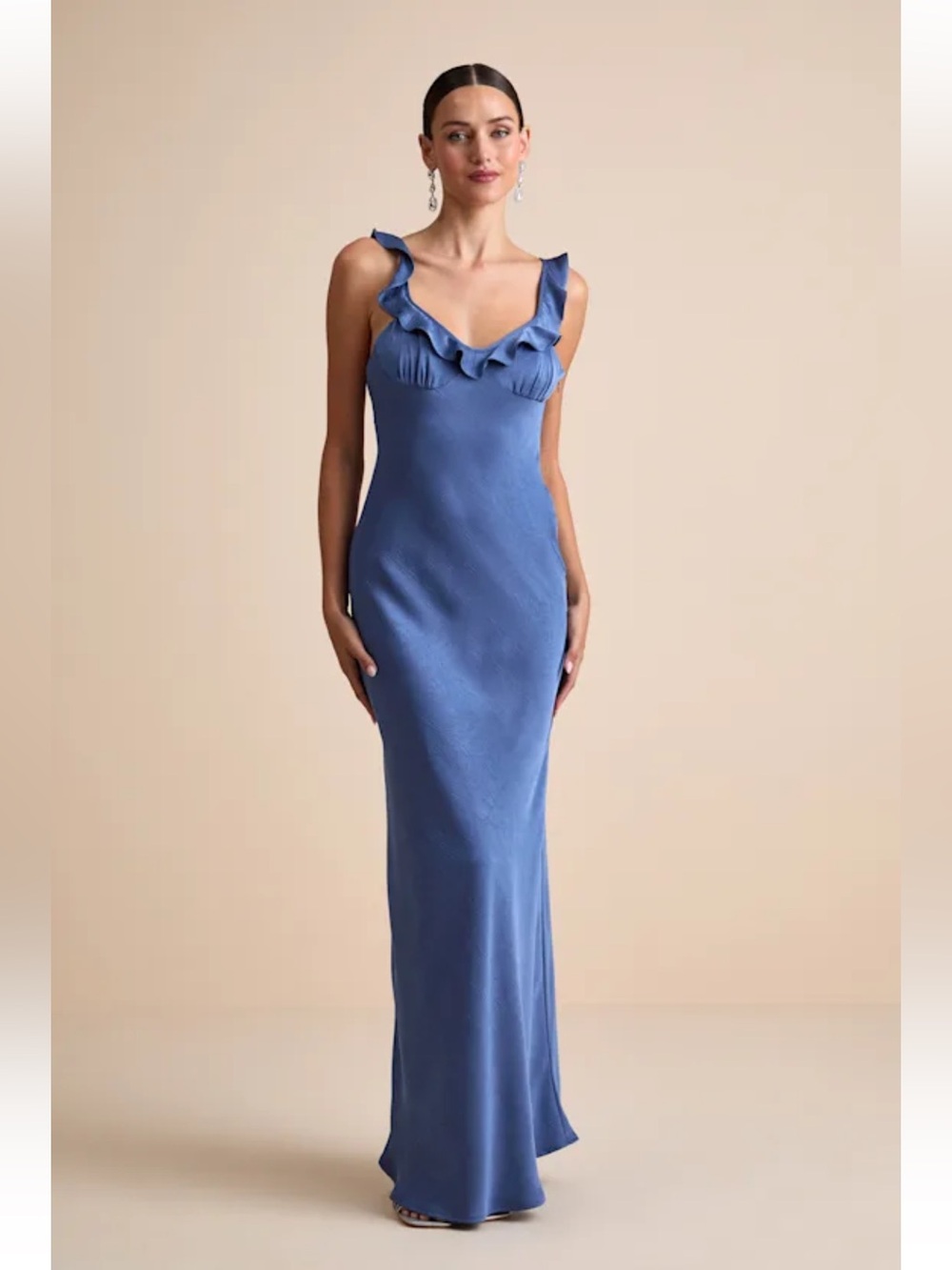 Lulus Angela Blue Satin Ruffed Slip Maxi Dress